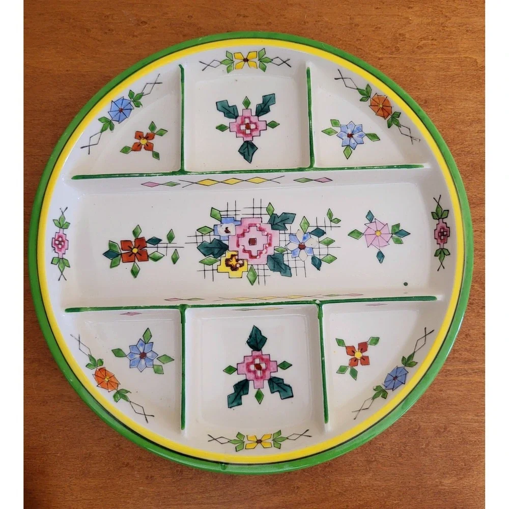 Vintage Divided Ceramic Candy Dish Plate Handpainted Japan RARE Floral Design‎